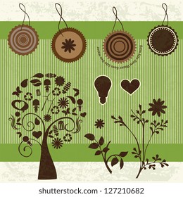 Brown Eco Labels, with tree formed by different icons. Vector Illustration