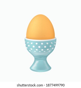 brown egg in blue eggcup on white
