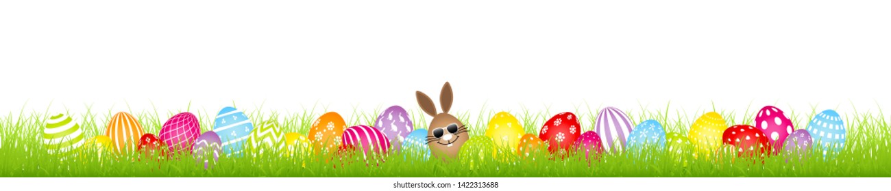 Brown Egg Bunny Sunglasses And Twenty Eight Colorful Easter Eggs Meadow Banner