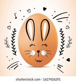 Brown egg with hand drawn happy face of rabbit on it. Easter Greeting Card with funny egg painted bunny face on it.  Vector illustration. 