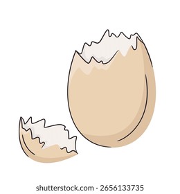 Brown egg shell broken or crack with pieces scattered on the surface, isolated on white background, cut out. Bright and clean design, minimal vector illustration.