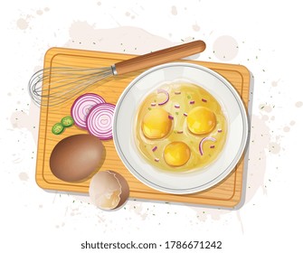 brown egg and egg yolk vector illustration with wooden chopping board