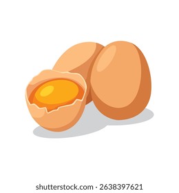 brown eggs, one cracked open revealing a bright yellow yolk.