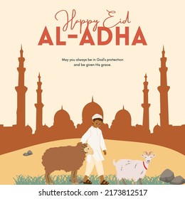 Brown Eid Al-Adha. Eid al Adha Islamische Dekoration zeigt einen braunen Hintergrund mit Ziegenschafen.