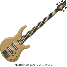 a brown electric bass guitar with five strings, featuring a sleek body design and detailed tuning pegs, making it visually appealing and relevant for music enthusiasts or graphic design purposes