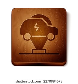 Brown Electric car and electrical cable plug charging icon isolated on white background. Renewable eco technologies. Wooden square button. Vector