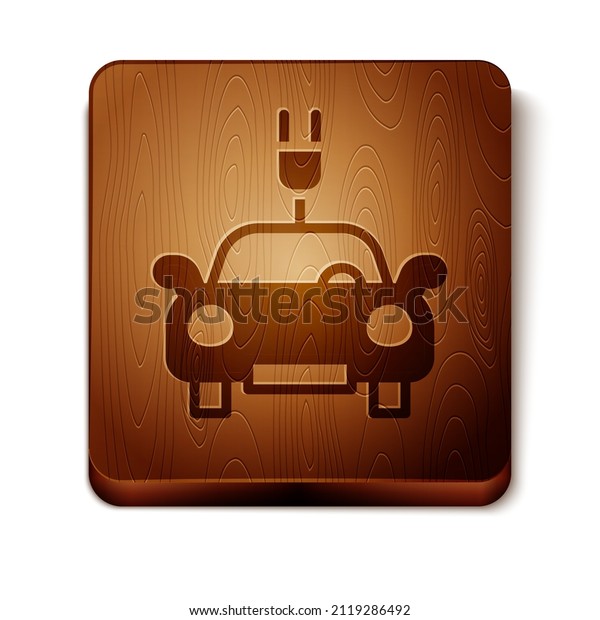 Brown Electric car and electrical cable plug\
charging icon isolated on white background. Renewable eco\
technologies. Wooden square button.\
Vector