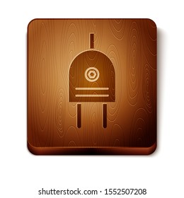 Brown Electric plug icon isolated on white background. Concept of connection and disconnection of the electricity. Wooden square button. Vector Illustration
