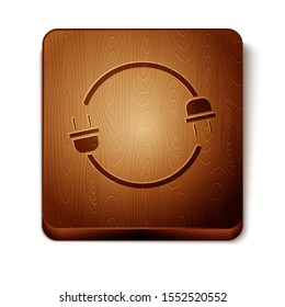 Brown Electric plug icon isolated on white background. Concept of connection and disconnection of the electricity. Wooden square button. Vector Illustration