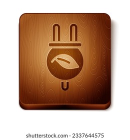 Brown Electric saving plug in leaf icon isolated on white background. Save energy electricity. Environmental protection. Bio energy. Wooden square button. Vector