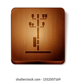 Brown Electric tower used to support an overhead power line icon isolated on white background. High voltage power pole line. Wooden square button. Vector Illustration