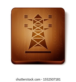 Brown Electric tower used to support an overhead power line icon isolated on white background. High voltage power pole line. Wooden square button. Vector Illustration