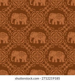 Patrón sin fisuras de damasco de elefante marrón, Fondo de pantalla de Vector de patrón de damasco elegante, Vector de patrón de damasco clásico para Fondo de pantalla, tela, marca, embalaje, invitaciones, Boda, diseño de lujo.