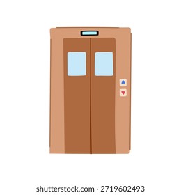 Puertas de ascensor marrones con pantalla azul claro y Botones de llamada que simbolizan conceptos de progreso, desarrollo, cambio de nivel y toma de decisiones en los negocios y la vida diaria