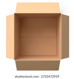 Caja de cartón vacía marrón, vista superior, forma cuadrada. Entrega, almacenamiento, mudanza, embalaje, compras en línea, transporte, logística. Vector ilustración realista. Fondo aislado.