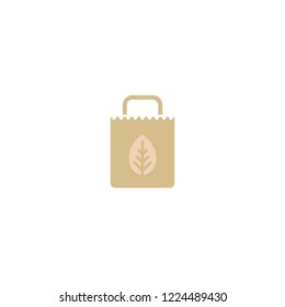 brown empty grocery paper bag with leaf. flat icon isolated on white.  vector illustration. recycle eco package for products or food.
