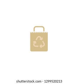 brown empty grocery paper bag with reuse sign. flat icon isolated on white.  vector illustration. recycle eco package for products or food.