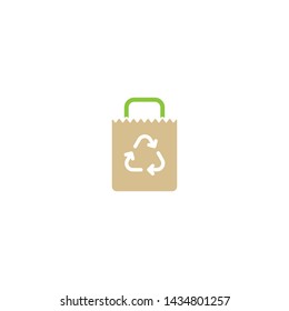 brown empty grocery paper bag with reuse sign. flat icon isolated on white.  vector illustration. recycle eco package for products or food.