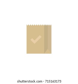 brown empty grocery paper bag with ok tick. flat icon isolated on white.  vector illustration. recycle eco package for products or food.