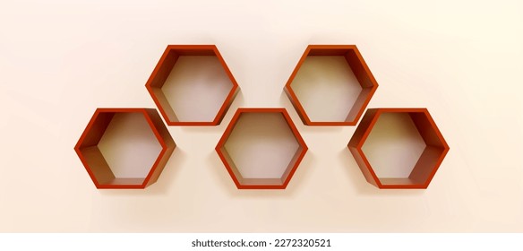 Braune leere Hexagonregale auf der weißen Wand 3D-Mock-up. Laden, Galerie-Plastik oder Holz-Showcase, um das Produkt zu präsentieren. Leerer Einzelhandelsspeicherplatz. Möbel für Inneneinrichtung. Bücherregal für Wohnzimmer