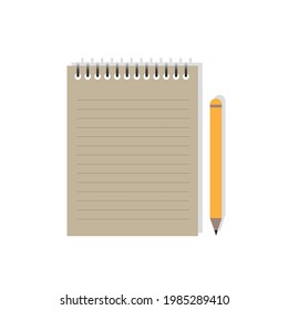 Brown empty simple notebook with yellow pencil, isolated on white background. Vector illustration flat design.