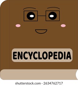 Brown encyclopedia book character with glasses and happy face, great for academic and library visuals.