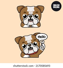 Brown English Bulldog puppy dog with a smile and hello action. 2D cute cartoon character design in flat style.