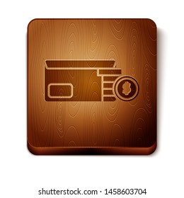 Brown Envelope with coin dollar symbol icon isolated on white background. Salary increase, money payroll, compensation income. Wooden square button. Vector Illustration