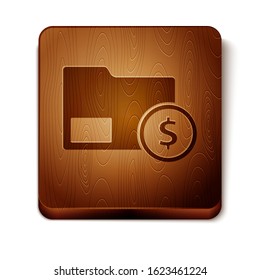 Brown Envelope with coin dollar symbol icon isolated on white background. Salary increase, money payroll, compensation income. Wooden square button. Vector Illustration