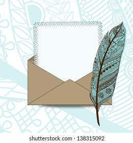 Sobre marrón con pluma de plumas y papel de borde decorado (de capas)