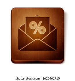 Brown Envelope with an interest discount from the store icon isolated on white background. Wooden square button. Vector Illustration
