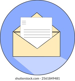 brown envelope opened, paper out. with line text. letter, job application, form. symbol icon, with blue background circle