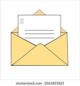 brown envelope with paper coming out. with line text. letter, job application, form. icon symbol, isolated on white background