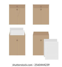 Brown envelope with string vector illustration on white background. Envelopes are office supplies or organizational documents.