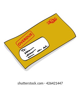 Brown envelope for an unpaid bill with an address window and the word OVERDUE stamped on the outside