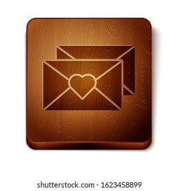 Brown Envelope with Valentine heart icon isolated on white background. Message love. Letter love and romance. Wooden square button. Vector Illustration