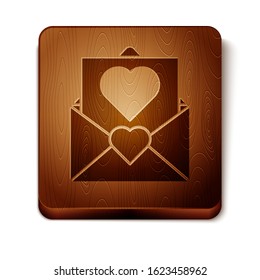 Brown Envelope with Valentine heart icon isolated on white background. Message love. Letter love and romance. Wooden square button. Vector Illustration