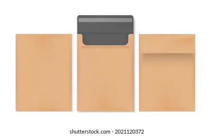 Brown envelope vector with black inside front and back side isolated on white background.