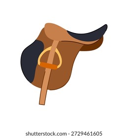 Sela equestre marrom com acentos azuis escuros e estribo dourado, representando equitação, treinamento e equipamentos esportivos em um estilo de ilustração plana limpa e isolada