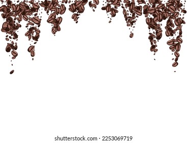 Brown EspressoCoffee Abstract Vector White Background. Realistic Arabic Banner. Black Drawn Robusta Design. Organic Grain Template.