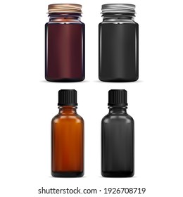 Brown essential oil vial. Dark chemical pill bottle. Small e juice syrup jar, apothecary laboratory concept. Serum essence medicament flask. Transparent pharmaceutical mixture vial with screw lid