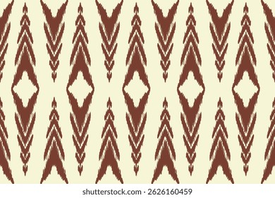 Un patrón de ikat abstracto étnico marrón con motivos de flechas y diamantes repetidos sobre un fondo claro. Texturizado, diseño textil bohemio.