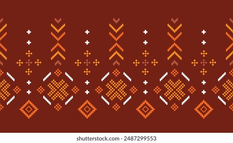 Brown Ethnic abstract Pixel art. Seamless pattern in tribal, folk embroidery, and Mexican style. Aztec geometric art ornament print.Design for carpet, wallpaper, clothing, wrapping,fabric,cover.