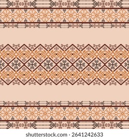 Brown ethnic boho seamless pattern. Tribal pattern. Folk motif. Cross-stitch pattern. Pixel seamless pattern. Vector illustration. Design for background, elaborate borders, and textiles. 