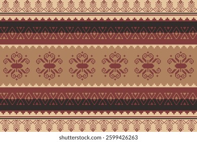 Brown ethnic, fabric , Geometric, seamless,pixel traditional ethnic, thai pattern, fabric pattern for textiles, rugs, wallpaper, clothing, sarong, batik, print, background, cover, illustration, vector