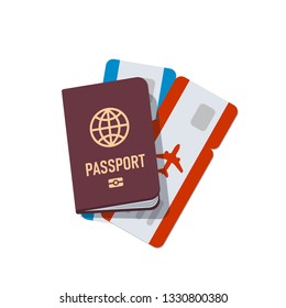 Brown european passport with on air ticket. View top. Illustration in flat style. Vector isolated object.