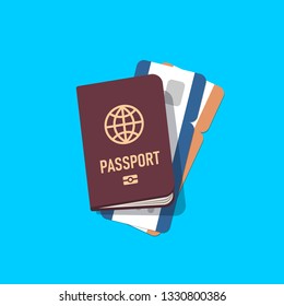 Brown european passport with on air ticket. View top. Illustration in flat style. Vector isolated object.