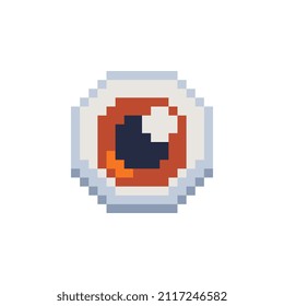 Brown Eye icon. Blue color. Pixel art style. Design application. 8-bit. Video game sprite. Game assets. Isolated abstract vector illustration.