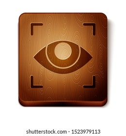 Brown Eye scan icon isolated on white background. Scanning eye. Security check symbol. Cyber eye sign. Wooden square button. Vector Illustration