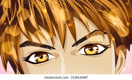 Brown Eyes Of A Young Man With Blond Hair With Sequins In Anime Style. Happy Look. Vector Image.